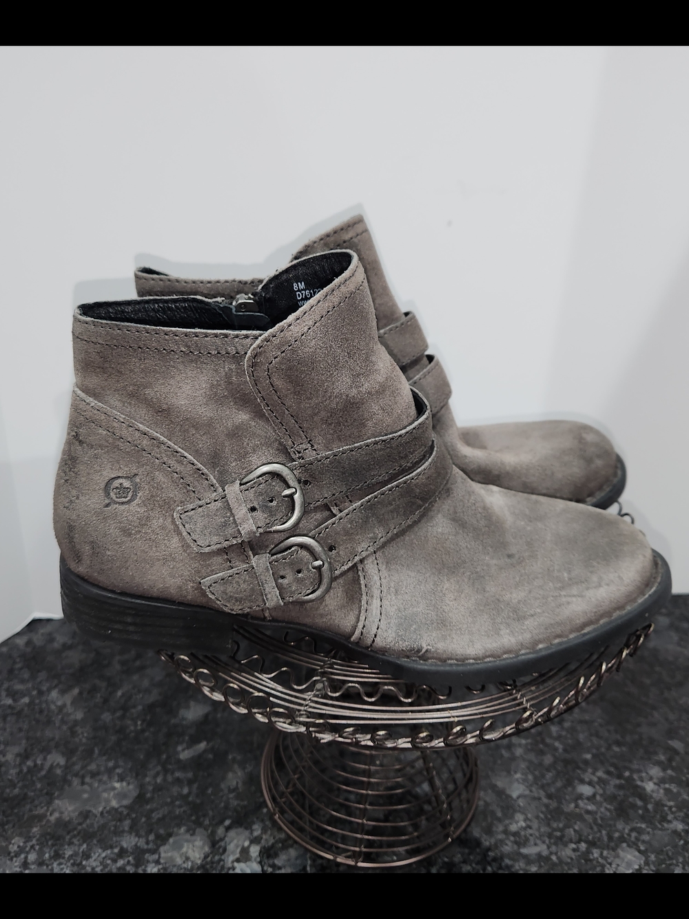 Born Gray Suede Ankle Boots with Double Buckle Straps
